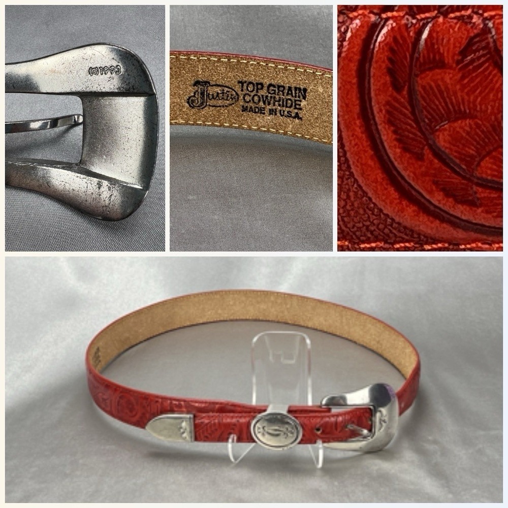 Justin Belt #523 Tooled Leather Red Cowhide Silver Buckle Tab Keep 30" VTG 1993
